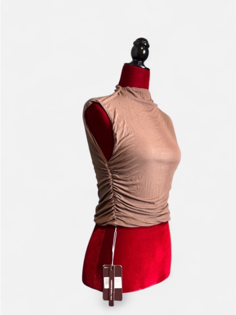 OGL Ruched Side Mock Neck Tank Top - Beige